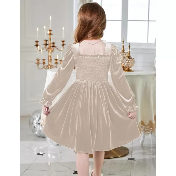 Arshiner Toddler Velvet Dress Girls Smocked Square Neck Puff Long Sleeve Party Dresses with Pockets 3-8Y