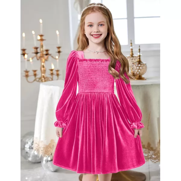 Arshiner Toddler Velvet Dress Girls Smocked Square Neck Puff Long Sleeve Party Dresses with Pockets 3-8Y