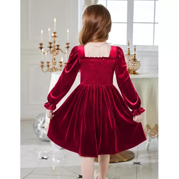Arshiner Toddler Velvet Dress Girls Smocked Square Neck Puff Long Sleeve Party Dresses with Pockets 3-8Y