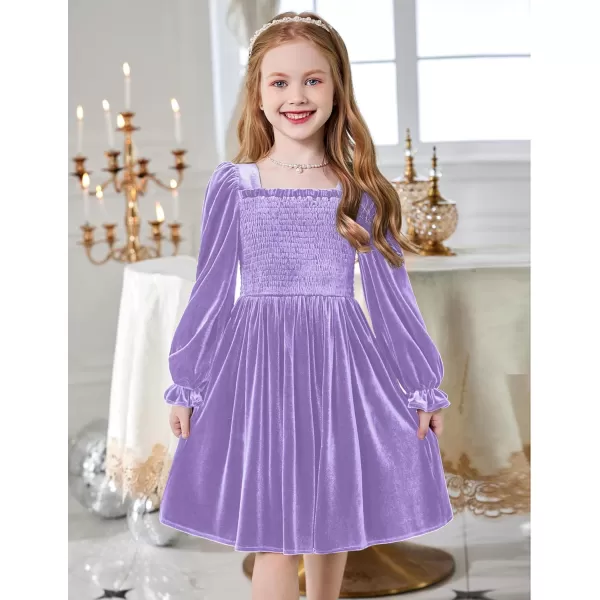 Arshiner Toddler Velvet Dress Girls Smocked Square Neck Puff Long Sleeve Party Dresses with Pockets 3-8Y