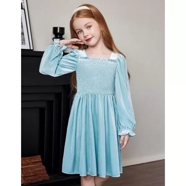 Arshiner Toddler Velvet Dress Girls Smocked Square Neck Puff Long Sleeve Party Dresses with Pockets 3-8Y
