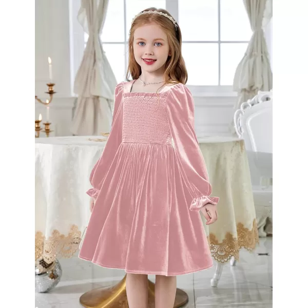Arshiner Toddler Velvet Dress Girls Smocked Square Neck Puff Long Sleeve Party Dresses with Pockets 3-8Y