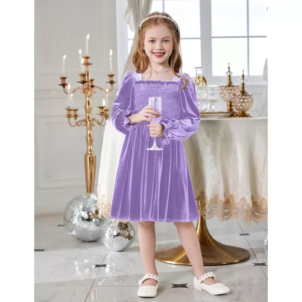 Arshiner Toddler Velvet Dress Girls Smocked Square Neck Puff Long Sleeve Party Dresses with Pockets 3-8Y