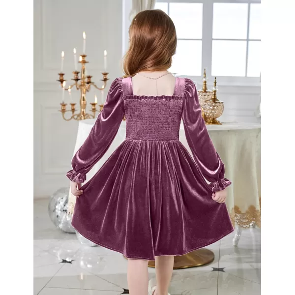 Arshiner Toddler Velvet Dress Girls Smocked Square Neck Puff Long Sleeve Party Dresses with Pockets 3-8Y
