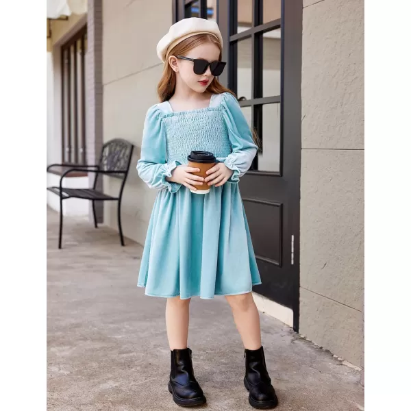 Arshiner Toddler Velvet Dress Girls Smocked Square Neck Puff Long Sleeve Party Dresses with Pockets 3-8Y