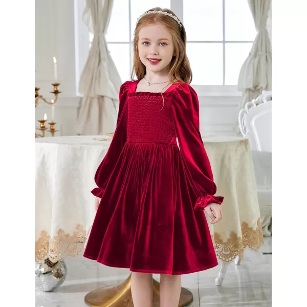 Arshiner Toddler Velvet Dress Girls Smocked Square Neck Puff Long Sleeve Party Dresses with Pockets 3-8Y