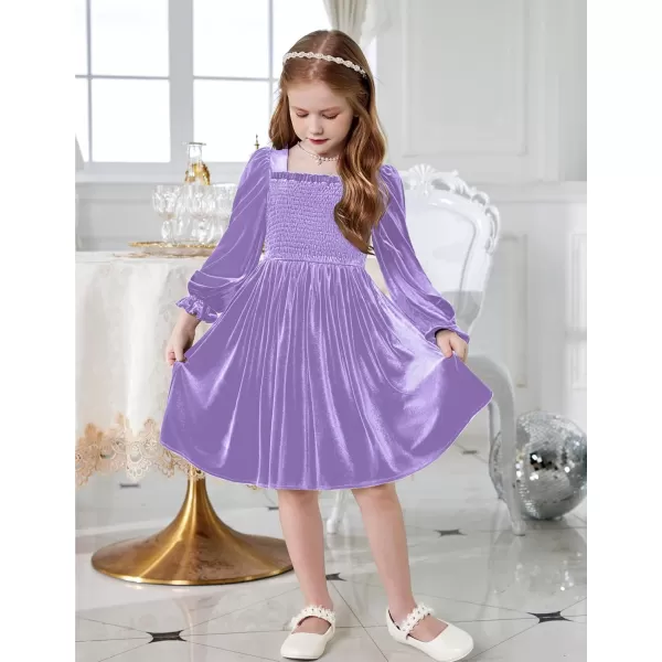 Arshiner Toddler Velvet Dress Girls Smocked Square Neck Puff Long Sleeve Party Dresses with Pockets 3-8Y