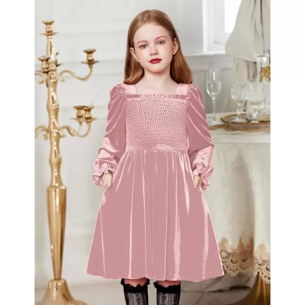 Arshiner Toddler Velvet Dress Girls Smocked Square Neck Puff Long Sleeve Party Dresses with Pockets 3-8Y