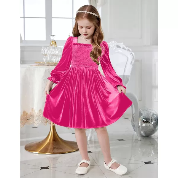 Arshiner Toddler Velvet Dress Girls Smocked Square Neck Puff Long Sleeve Party Dresses with Pockets 3-8Y
