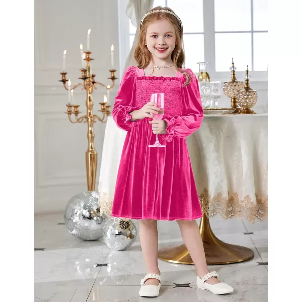 Arshiner Toddler Velvet Dress Girls Smocked Square Neck Puff Long Sleeve Party Dresses with Pockets 3-8Y