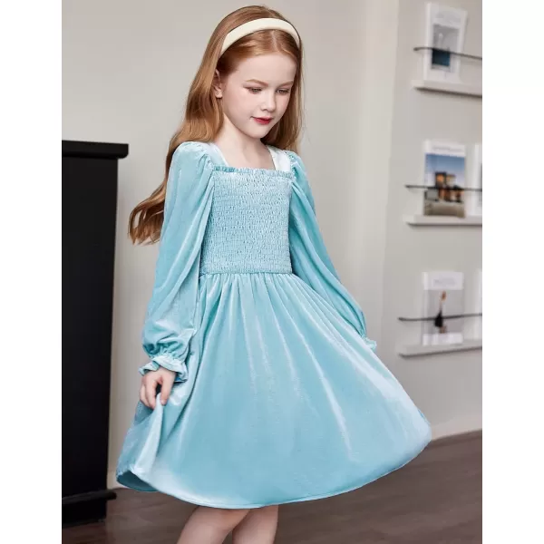 Arshiner Toddler Velvet Dress Girls Smocked Square Neck Puff Long Sleeve Party Dresses with Pockets 3-8Y