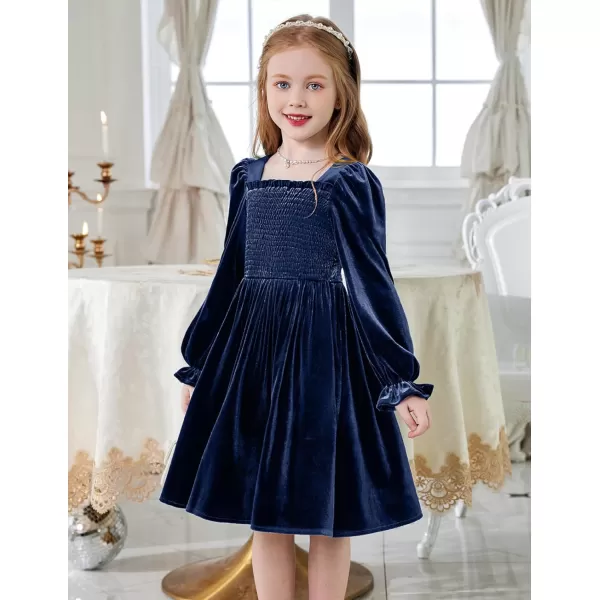 Arshiner Toddler Velvet Dress Girls Smocked Square Neck Puff Long Sleeve Party Dresses with Pockets 3-8Y