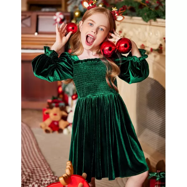 Arshiner Toddler Velvet Dress Girls Smocked Square Neck Puff Long Sleeve Party Dresses with Pockets 3-8Y
