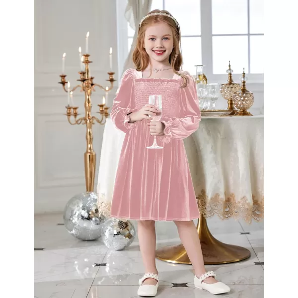 Arshiner Toddler Velvet Dress Girls Smocked Square Neck Puff Long Sleeve Party Dresses with Pockets 3-8Y