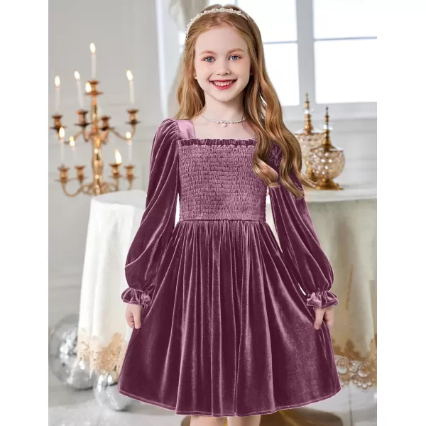 Arshiner Toddler Velvet Dress Girls Smocked Square Neck Puff Long Sleeve Party Dresses with Pockets 3-8Y
