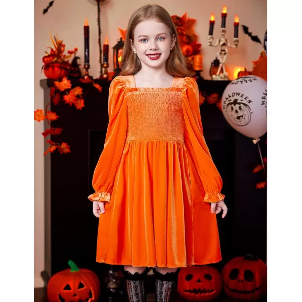 Arshiner Toddler Velvet Dress Girls Smocked Square Neck Puff Long Sleeve Party Dresses with Pockets 3-8Y