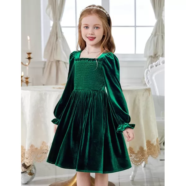 Arshiner Toddler Velvet Dress Girls Smocked Square Neck Puff Long Sleeve Party Dresses with Pockets 3-8Y