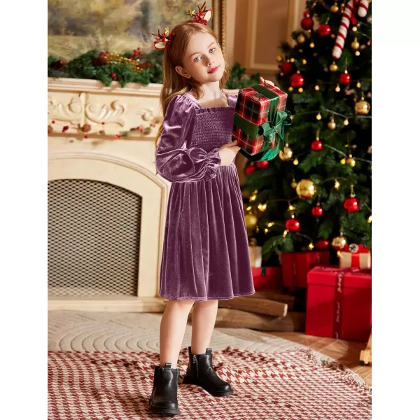 Arshiner Toddler Velvet Dress Girls Smocked Square Neck Puff Long Sleeve Party Dresses with Pockets 3-8Y