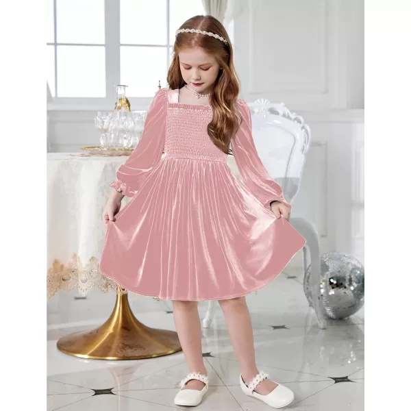 Arshiner Toddler Velvet Dress Girls Smocked Square Neck Puff Long Sleeve Party Dresses with Pockets 3-8Y
