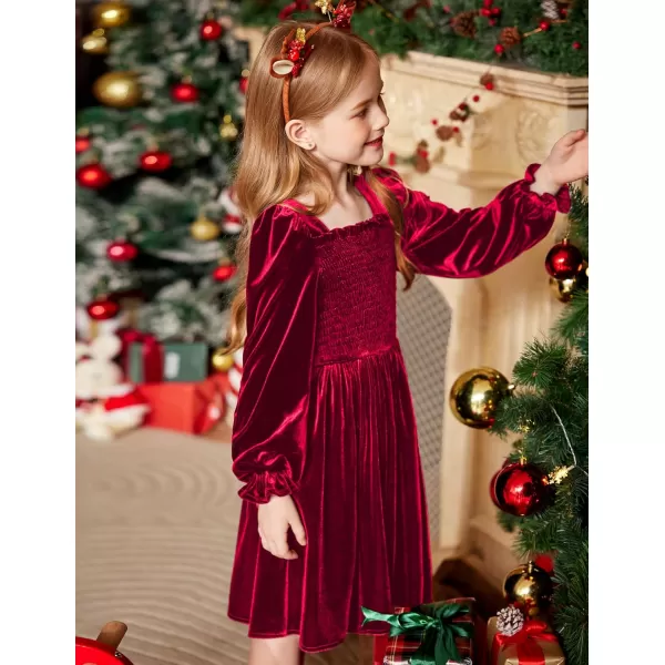 Arshiner Toddler Velvet Dress Girls Smocked Square Neck Puff Long Sleeve Party Dresses with Pockets 3-8Y