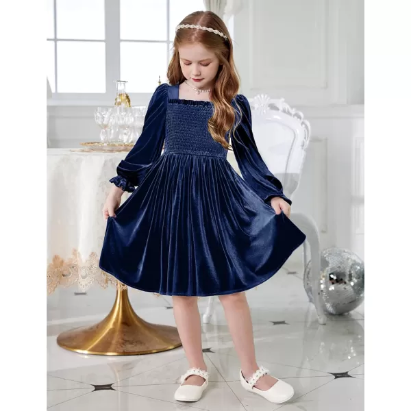 Arshiner Toddler Velvet Dress Girls Smocked Square Neck Puff Long Sleeve Party Dresses with Pockets 3-8Y