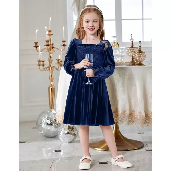 Arshiner Toddler Velvet Dress Girls Smocked Square Neck Puff Long Sleeve Party Dresses with Pockets 3-8Y