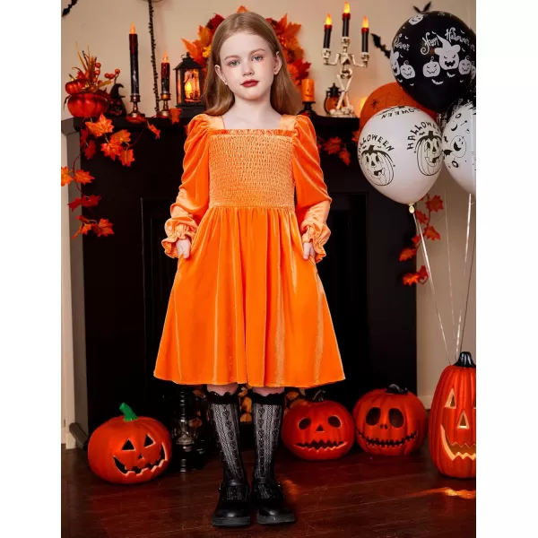 Arshiner Toddler Velvet Dress Girls Smocked Square Neck Puff Long Sleeve Party Dresses with Pockets 3-8Y