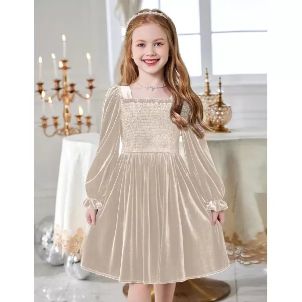 Arshiner Toddler Velvet Dress Girls Smocked Square Neck Puff Long Sleeve Party Dresses with Pockets 3-8Y
