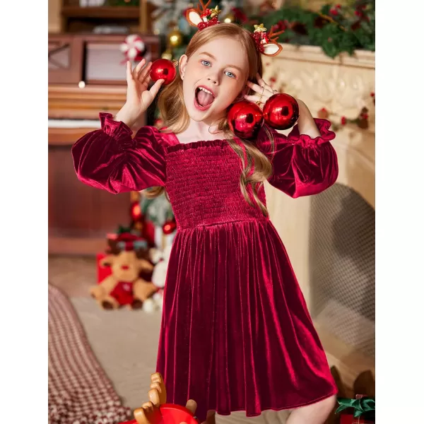Arshiner Toddler Velvet Dress Girls Smocked Square Neck Puff Long Sleeve Party Dresses with Pockets 3-8Y
