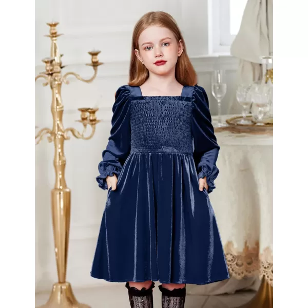 Arshiner Toddler Velvet Dress Girls Smocked Square Neck Puff Long Sleeve Party Dresses with Pockets 3-8Y