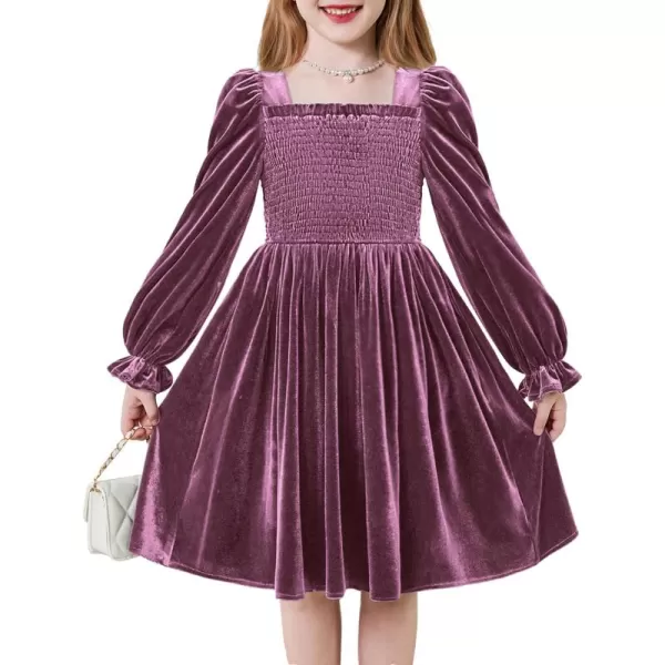 Arshiner Toddler Velvet Dress Girls Smocked Square Neck Puff Long Sleeve Party Dresses with Pockets 3-8Y