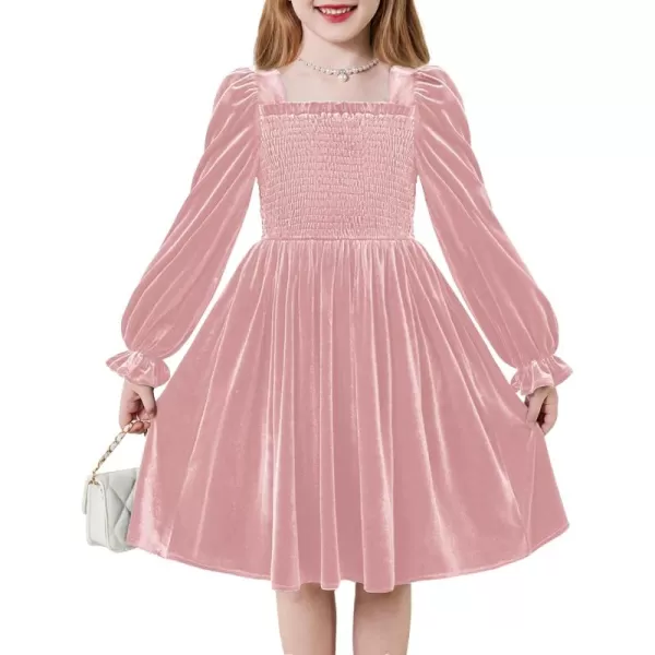 Arshiner Toddler Velvet Dress Girls Smocked Square Neck Puff Long Sleeve Party Dresses with Pockets 3-8Y