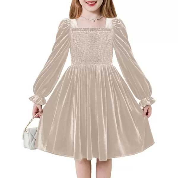Arshiner Toddler Velvet Dress Girls Smocked Square Neck Puff Long Sleeve Party Dresses with Pockets 3-8Y