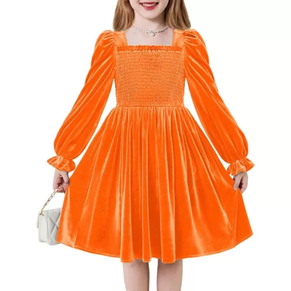 Arshiner Toddler Velvet Dress Girls Smocked Square Neck Puff Long Sleeve Party Dresses with Pockets 3-8Y