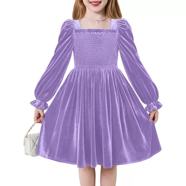Arshiner Toddler Velvet Dress Girls Smocked Square Neck Puff Long Sleeve Party Dresses with Pockets 3-8Y