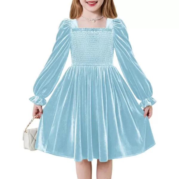 Arshiner Toddler Velvet Dress Girls Smocked Square Neck Puff Long Sleeve Party Dresses with Pockets 3-8Y