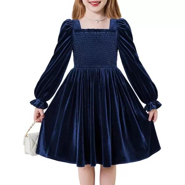 Arshiner Toddler Velvet Dress Girls Smocked Square Neck Puff Long Sleeve Party Dresses with Pockets 3-8Y