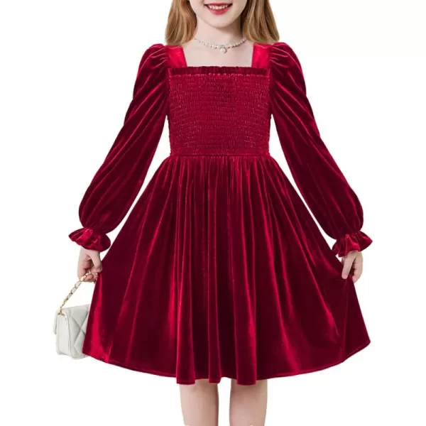 Arshiner Toddler Velvet Dress Girls Smocked Square Neck Puff Long Sleeve Party Dresses with Pockets 3-8Y