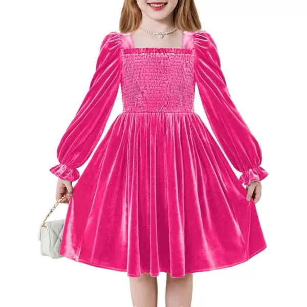 Arshiner Toddler Velvet Dress Girls Smocked Square Neck Puff Long Sleeve Party Dresses with Pockets 3-8Y