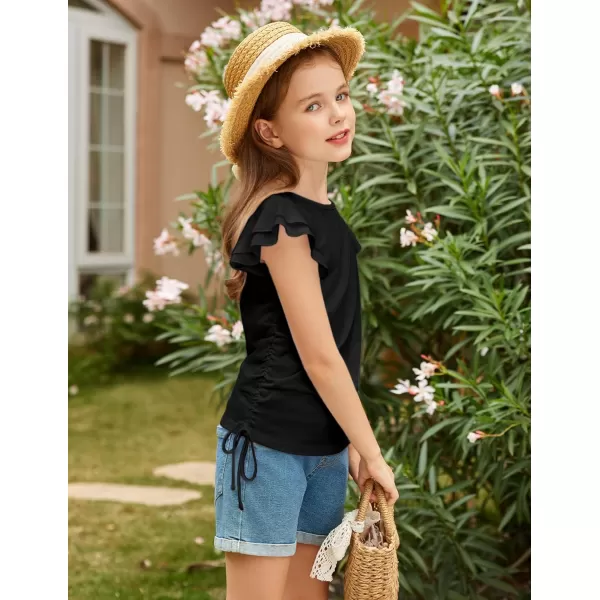 Arshiner Girls T Shirts Ruffle Short Sleeve Ruched Knot Side Tunic Blouse Summer Tee Tops
