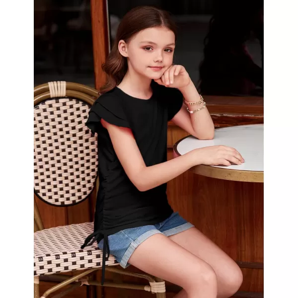 Arshiner Girls T Shirts Ruffle Short Sleeve Ruched Knot Side Tunic Blouse Summer Tee Tops