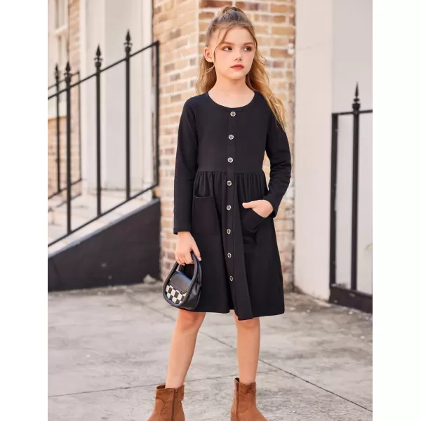 Arshiner Girl's Dresses Button Down Midi Long Sleeve Casual Sundress A-line Dress with Pockets