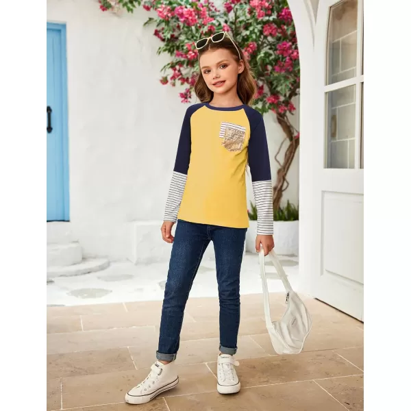 Arshiner Girls Long Sleeve Shirts Color Block Casual Cute Top Tee Blouse with Fashion Pocket