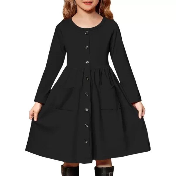 Arshiner Girl's Dresses Button Down Midi Long Sleeve Casual Sundress A-line Dress with Pockets