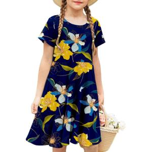 imageArshiner Girls Dress Basic Short Sleeve A Line Swing Skater Twirl School Party DressFloral Navy Bluewith Pockets
