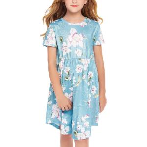 imageArshiner Girls Dress Kids Holiday Casual Long Sleeve High Low Swing Midi DressesBlue Floralshort Sleeve