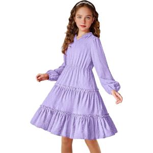 imageArshiner Girls Dresses Long Sleeve Swiss Dot V Neck Ruffle Tiered Casual Party DressPurple