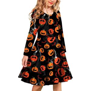 imageArshiner Girls Long Sleeve Stretchy Dress A line Twirly Skater School Party DressHalloween Pumpkin