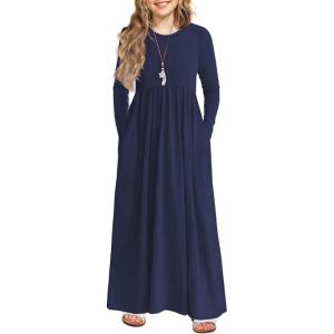 imageArshiner Girls Maxi Dress LongShort Sleeve Casual Holiday Dress with Pockets for 513 YearsLong Sleeve Navy Blue