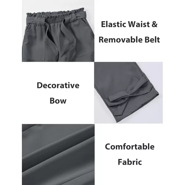 Mebius Girls Elastic Paperbag Pants Tapered High Waist Belted with Bow Knot Pockets Ankle Length Casual School TrousersDark Grey